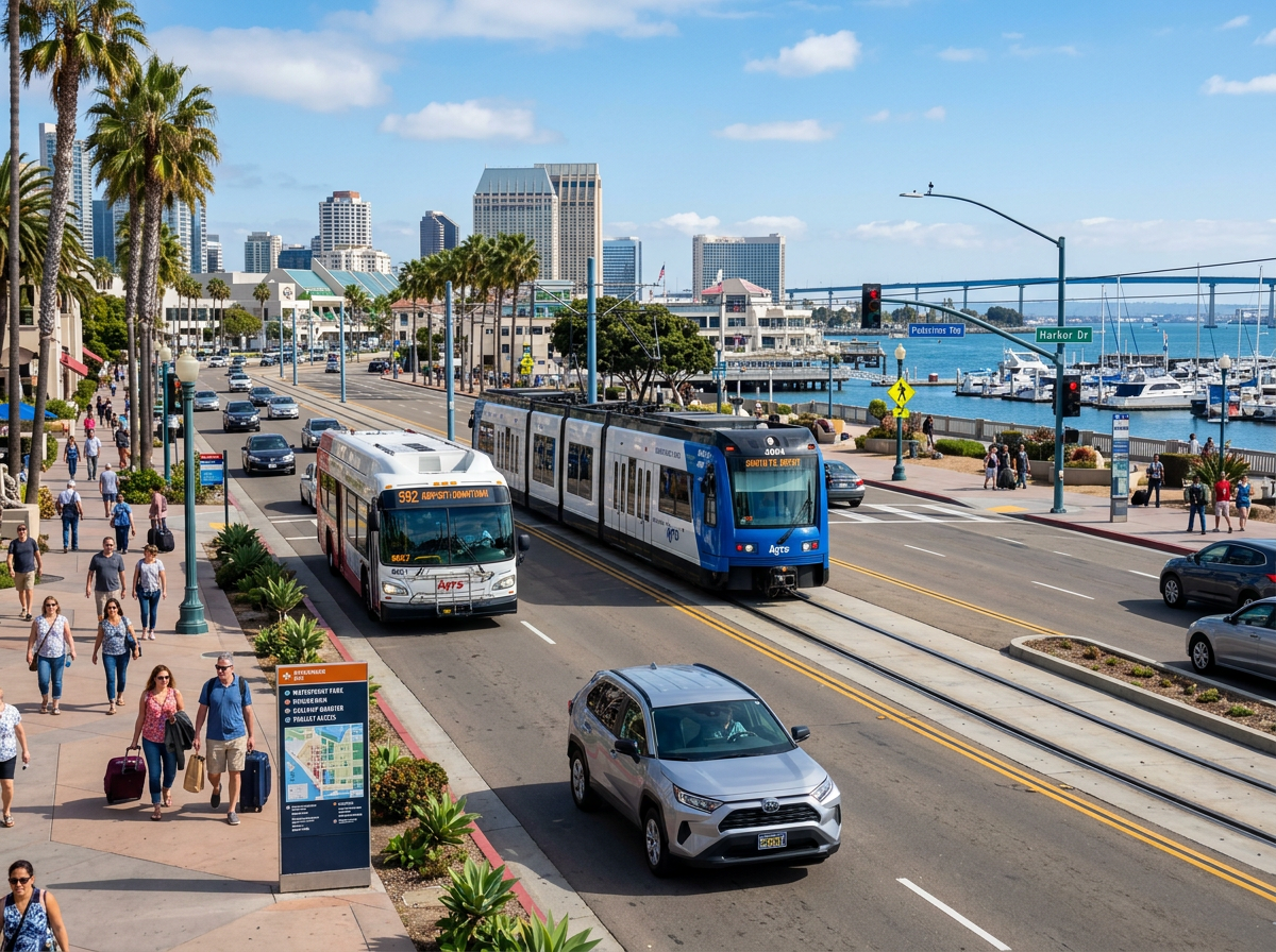 Page: Verkehrsmittel in San Diego: Vom Mietwagen zu den Öffentlichen. Context: Wie komme ich von A n